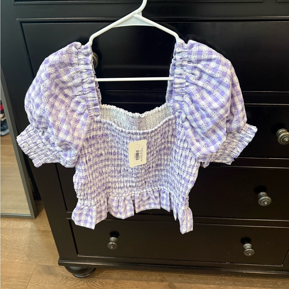 Smocked Puff-Sleeve Top - Lavender Gingham - Picture 1 of 3